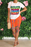 Blue Women Fashion Positioning Printing Eyelet Bandage Shorts Sets OMY0028-3
