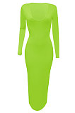 Neon Green Women Deep V Neck Tight Sexy Long Sleeve Long Dress Q910-10