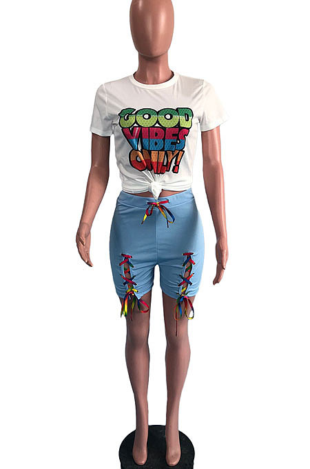 Black Women Fashion Positioning Printing Eyelet Bandage Shorts Sets OMY0028-2
