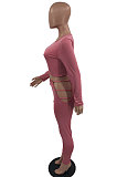 Brown Autumn New Long Sleeve Round Collar Crop Top Bodycon Pants Solid Color Sport Sets HMR6056