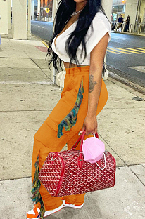 Orange Cotton Blend Colorful Tassel Loose Bandage Sweat Pants QSS51040-1