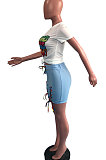 Blue Women Fashion Positioning Printing Eyelet Bandage Shorts Sets OMY0028-3