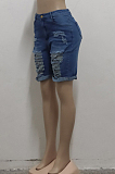 Light Blue Wholesal Hole Water Washing High Waist Elasticty Shift Jean Shorts SMR2482-2