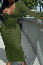 Army Green Women Deep V Neck Tight Sexy Long Sleeve Long Dress Q910-12
