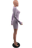 Yellow Cotton Blend Letter Printing Long Sleeve Stand Neck Zippet Slim Fitting Pure Color Bodycon Dress HMR6037-1