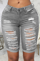 Gray Wholesal Hole Water Washing High Waist Elasticty Shift Jean Shorts SMR2482-1