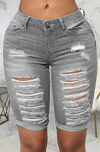 Gray Wholesal Hole Water Washing High Waist Elasticty Shift Jean Shorts SMR2482-1