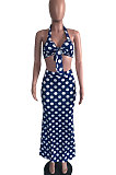 Red Women Hallter Neck Trendy Polka Dot Skirts Sets OMY0025-1