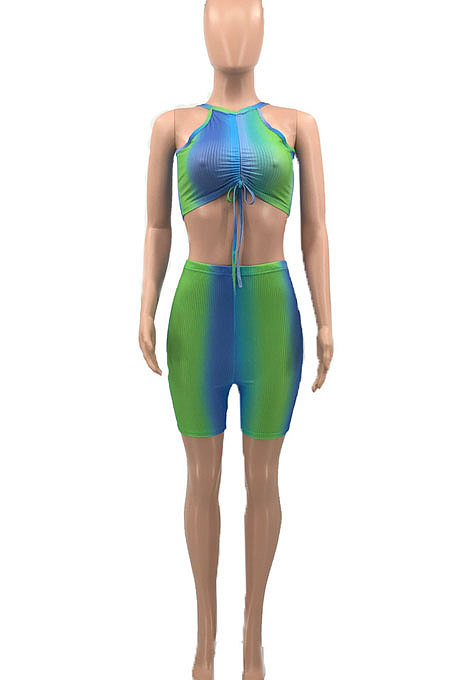 Colorful Women Shirred Detail Tanks Printing Stretch Ribber Shorts Sets PH1218-4