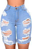 Light Blue Modest Cute Hole Water Washing High Waist  Elastic Jean Shorts SMR2440-2