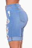 Dark Blue Modest Cute Hole Water Washing High Waist  Elastic Jean Shorts SMR2440-3