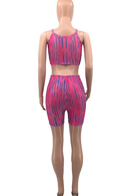 Colorful Women Shirred Detail Tanks Printing Stretch Ribber Shorts Sets PH1218-4