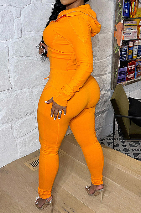 Orange Casual New Long Sleeve Zipper Hoodie Pencil Pants Slim Fitting Pure Color Sport Sets MLL176-2