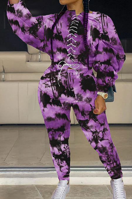 Blue Personality Tie Dye Printing Loose Long Sleeve Bandage Wearing Jumpers Sweat Pants Sets HMR6054-2