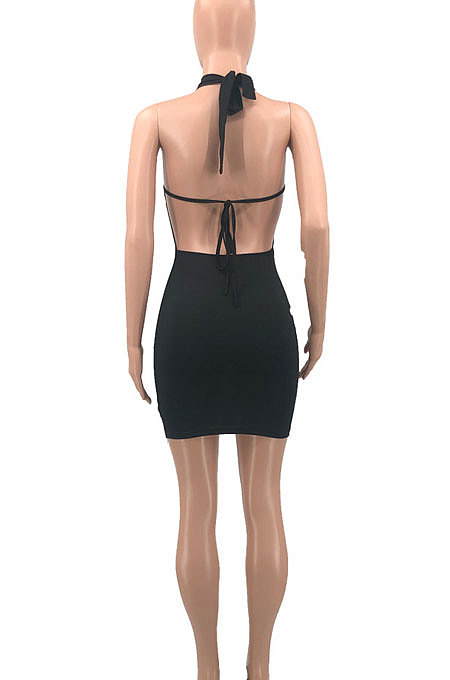 Black Women Fashion Solid Color Hip Deep V  Collar Hallter Neck Backless Mini Dress PH1201-2