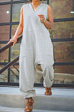 Blue Women Sleeveless V Collar Solid Color Fleece Loose High Waist Casual Jumpsuit OMY0027-3
