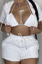 White New Autumn And Winter Double Sided Velvet Short Sleeve Zipper Hoodie Coat&Strapless+Shorts Solid Color Thtee Piece LS6464-1