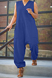 Orange Women Sleeveless V Collar Solid Color Fleece Loose High Waist Casual Jumpsuit OMY0027-4