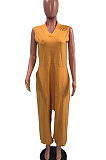 Blue Women Sleeveless V Collar Solid Color Fleece Loose High Waist Casual Jumpsuit OMY0027-3