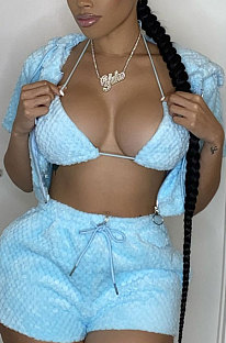 Light Blue New Autumn And Winter Double Sided Velvet Short Sleeve Zipper Hoodie Coat&Strapless+Shorts Solid Color Thtee Piece LS6464-3