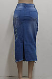 Black Casual Hole Elasticty High Waist Split Jean Long Skirts SMR2537-4