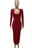 Dark Red Women Deep V Neck Tight Sexy Long Sleeve Long Dress Q910-15