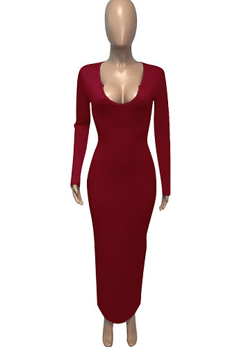 Dark Red Women Deep V Neck Tight Sexy Long Sleeve Long Dress Q910-15