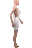 Black Women Fashion Solid Color Hip Deep V  Collar Hallter Neck Backless Mini Dress PH1201-2