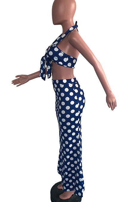Blue Women Hallter Neck Trendy Polka Dot Skirts Sets OMY0025-2
