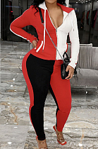 Red Wholesal Autumn Winter Contrast Color Spliced Long Sleeve Zipper Hoodie Bodycon Pants Sport Sets SMD82080-5