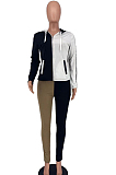 Light Green Wholesal Autumn Winter Contrast Color Spliced Long Sleeve Zipper Hoodie Bodycon Pants Sport Sets SMD82080-1