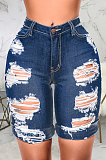 Dark Blue Modest Cute Hole Water Washing High Waist  Elastic Jean Shorts SMR2440-3