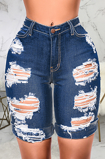 Dark Blue Modest Cute Hole Water Washing High Waist  Elastic Jean Shorts SMR2440-3