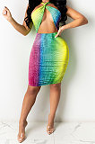 Multicolor Women Fashion Hip Strapless Backless Printing Bodycon Dress PH1213