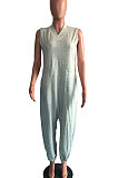 Black Women Sleeveless V Collar Solid Color Fleece Loose High Waist Casual Jumpsuit OMY0027-2