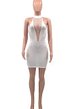 White Women Fashion Solid Color Hip Deep V  Collar Hallter Neck Backless Mini Dress PH1201-1