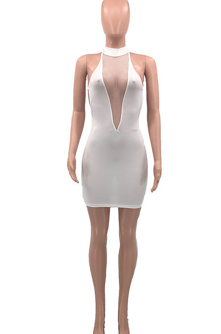 White Women Fashion Solid Color Hip Deep V  Collar Hallter Neck Backless Mini Dress PH1201-1