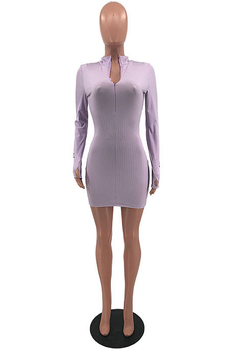 Violet Cotton Blend Letter Printing Long Sleeve Stand Neck Zippet Slim Fitting Pure Color Bodycon Dress HMR6037-2