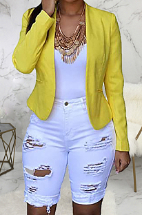 White Modest Cute Hole Water Washing High Waist  Elastic Jean Shorts SMR2440-5