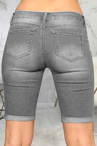 Gray Wholesal Hole Water Washing High Waist Elasticty Shift Jean Shorts SMR2482-1
