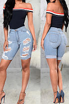 Light Blue Modest Cute Hole Water Washing High Waist  Elastic Jean Shorts SMR2440-2