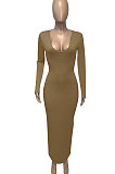 Brown Women Deep V Neck Tight Sexy Long Sleeve Long Dress Q910-14