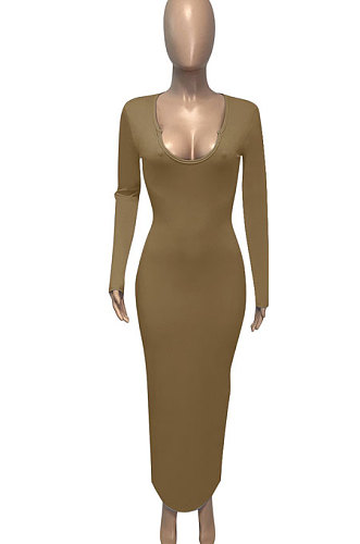 Brown Women Deep V Neck Tight Sexy Long Sleeve Long Dress Q910-14