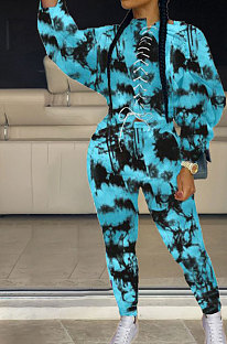 Blue Personality Tie Dye Printing Loose Long Sleeve Bandage Wearing Jumpers Sweat Pants Sets HMR6054-2