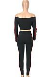 White Fashion Casual A Wrod Shoulder Long Sleeve Crop Top Pencil Pants Edge Strip Sport Sets SM9201-2