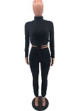 Balck New Aurumn Long Sleeve High Neck Backless Bandage Shift Pants Solid Color Casual Sets HMR6057-1