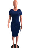 Black Pure Color Short Sleeve Round Collar Drawsting Split Mini Dress OMY0021-3