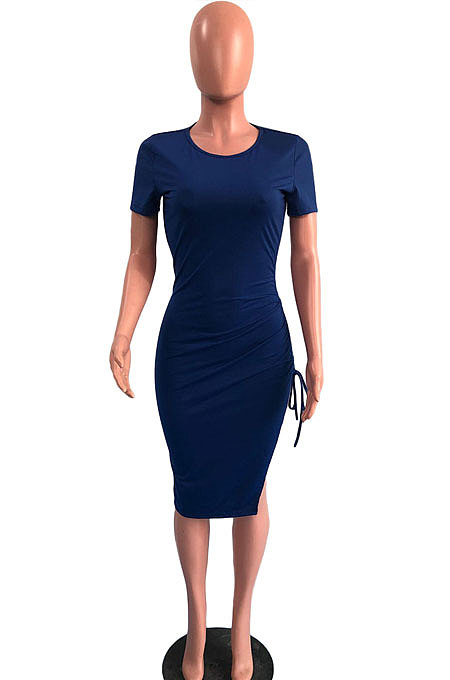 Black Pure Color Short Sleeve Round Collar Drawsting Split Mini Dress OMY0021-3