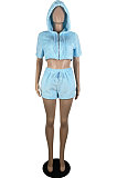 White New Autumn And Winter Double Sided Velvet Short Sleeve Zipper Hoodie Coat&Strapless+Shorts Solid Color Thtee Piece LS6464-1