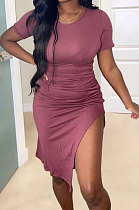 Russet-Red Pure Color Short Sleeve Round Collar Drawsting Split Mini Dress OMY0021-1